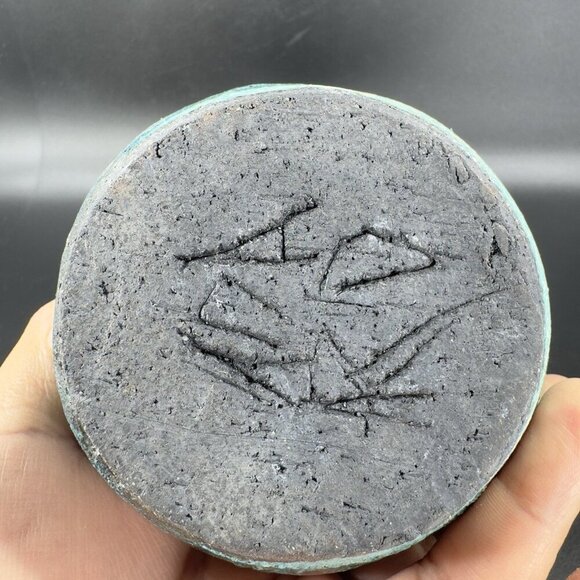 Vintage Raku Studio Art Pottery Vase Bowl Wavy Star Top Green Shiny Glaze Signed - Picture 6 of 14